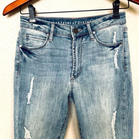 Articles of Society Cropped High Waist Distressed Raw Edge Denim Jeans 25 - Picture 3 of 6